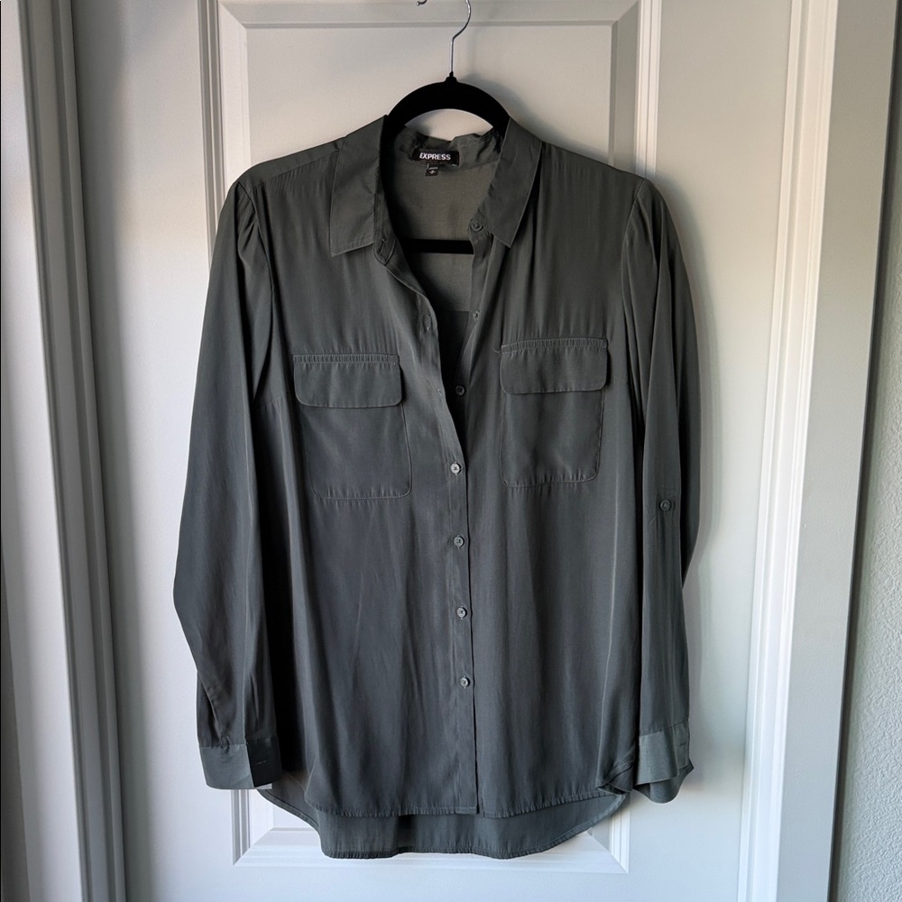 Express Men's Olive Gray Long-Sleeve Button-Down Shirt